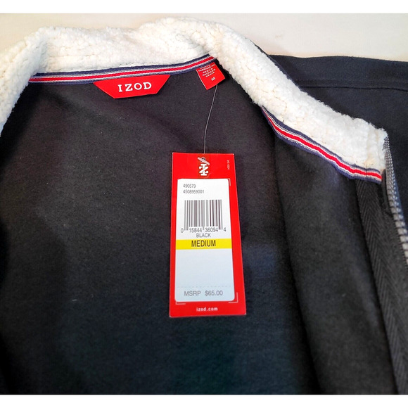 IZOD Men’s Fleece Full Zip Jacket M L Black Cotton Polyester Faux Fur Collar New - Picture 7 of 10
